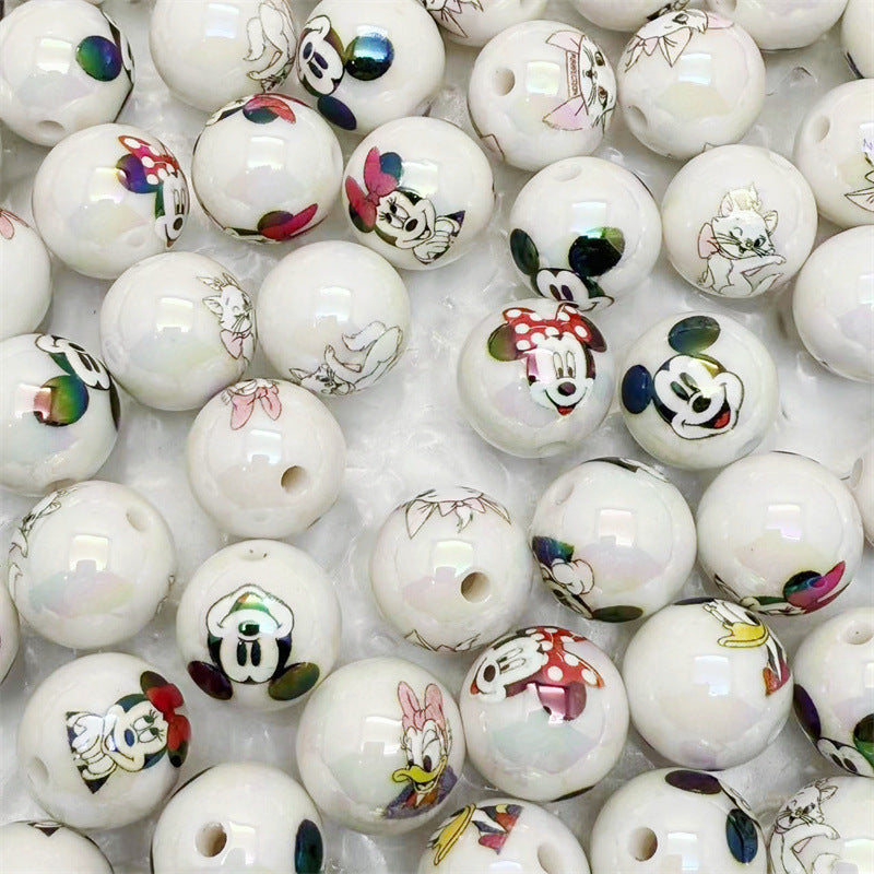 16mm Acrylic White Base Mickey Mouse Printed Round Beads – Straight Hole DIY Phone Chain & Bead Pen Accessories