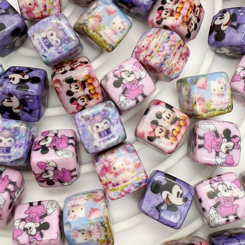 14Mm acrylic color printing cartoon Mickey Mouse KT cat square beads oblique hole DIY mobile phone rope pendant accessories