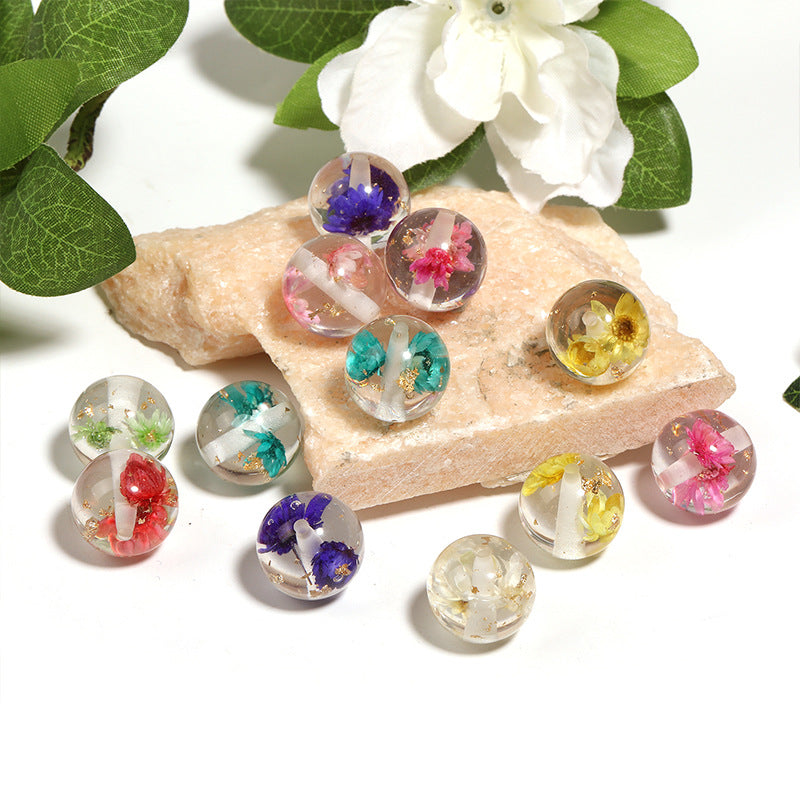 Natural Dried Flower Resin Round Beads – Transparent Gold Foil Beads for DIY Bead Pens, Phone Chains & Keychains