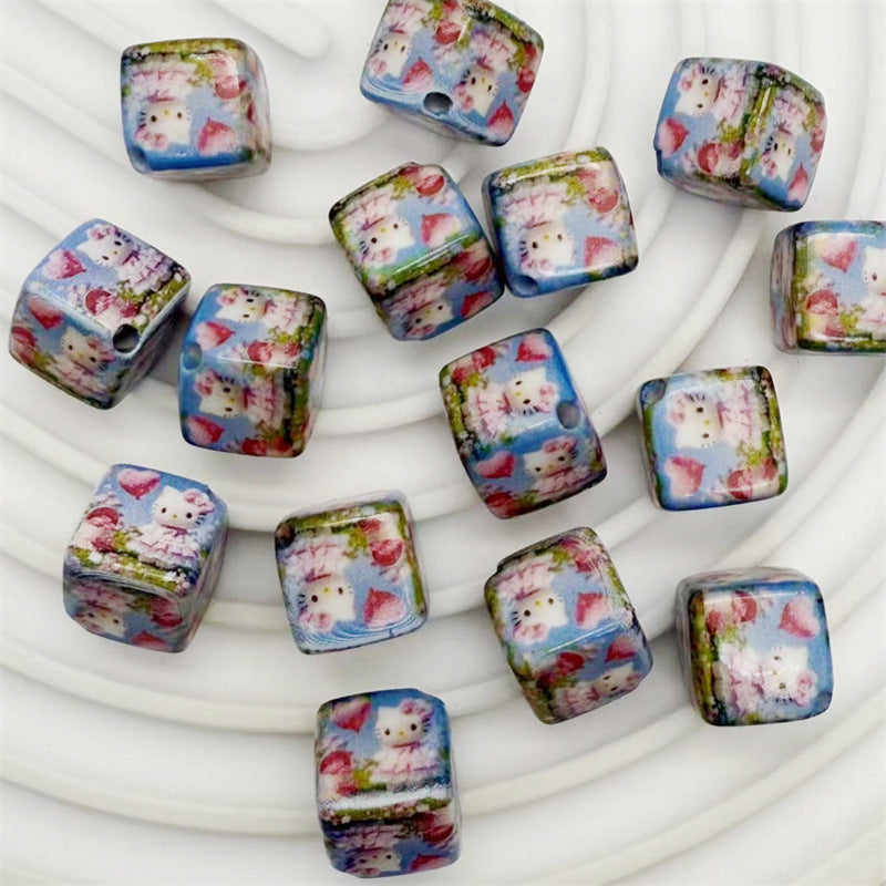 14Mm acrylic color printing cartoon Mickey Mouse KT cat square beads oblique hole DIY mobile phone rope pendant accessories