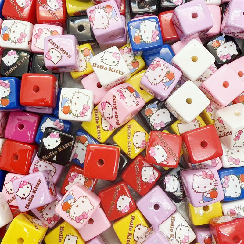 Acrylic square beads 14MM printed cartoon Hello Kitty perforated loose beads bracelet necklace handmade material jewelry accessories