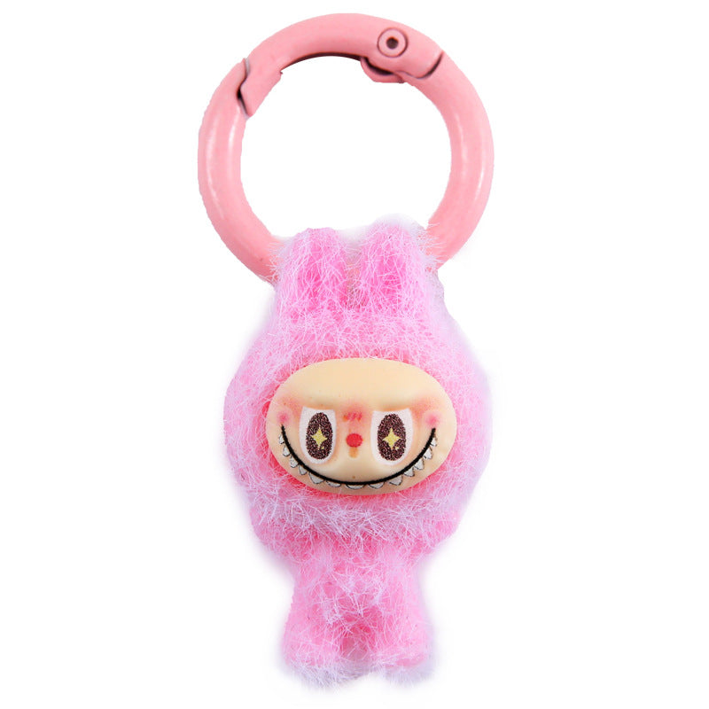 Labubu Flocking Doll Pendant Keychain DIY Decorative Ornament Jewelry Girlfriend Gift Bag Pendant