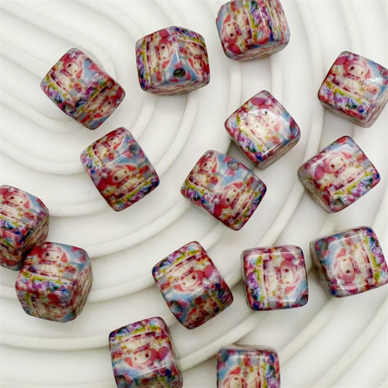 14Mm acrylic color printing cartoon Mickey Mouse KT cat square beads oblique hole DIY mobile phone rope pendant accessories