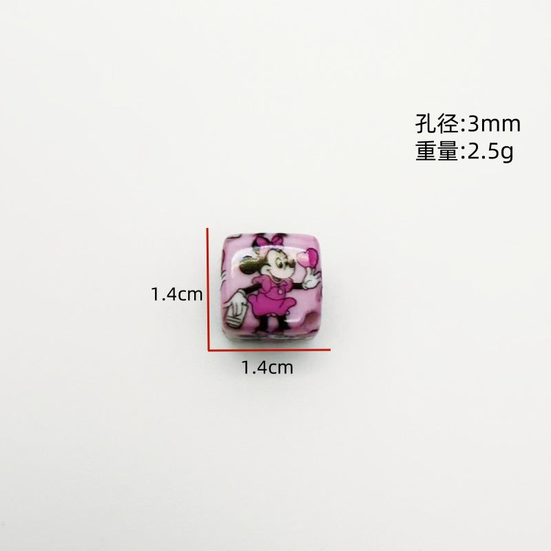 14Mm acrylic color printing cartoon Mickey Mouse KT cat square beads oblique hole DIY mobile phone rope pendant accessories