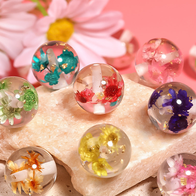 Natural Dried Flower Resin Round Beads – Transparent Gold Foil Beads for DIY Bead Pens, Phone Chains & Keychains