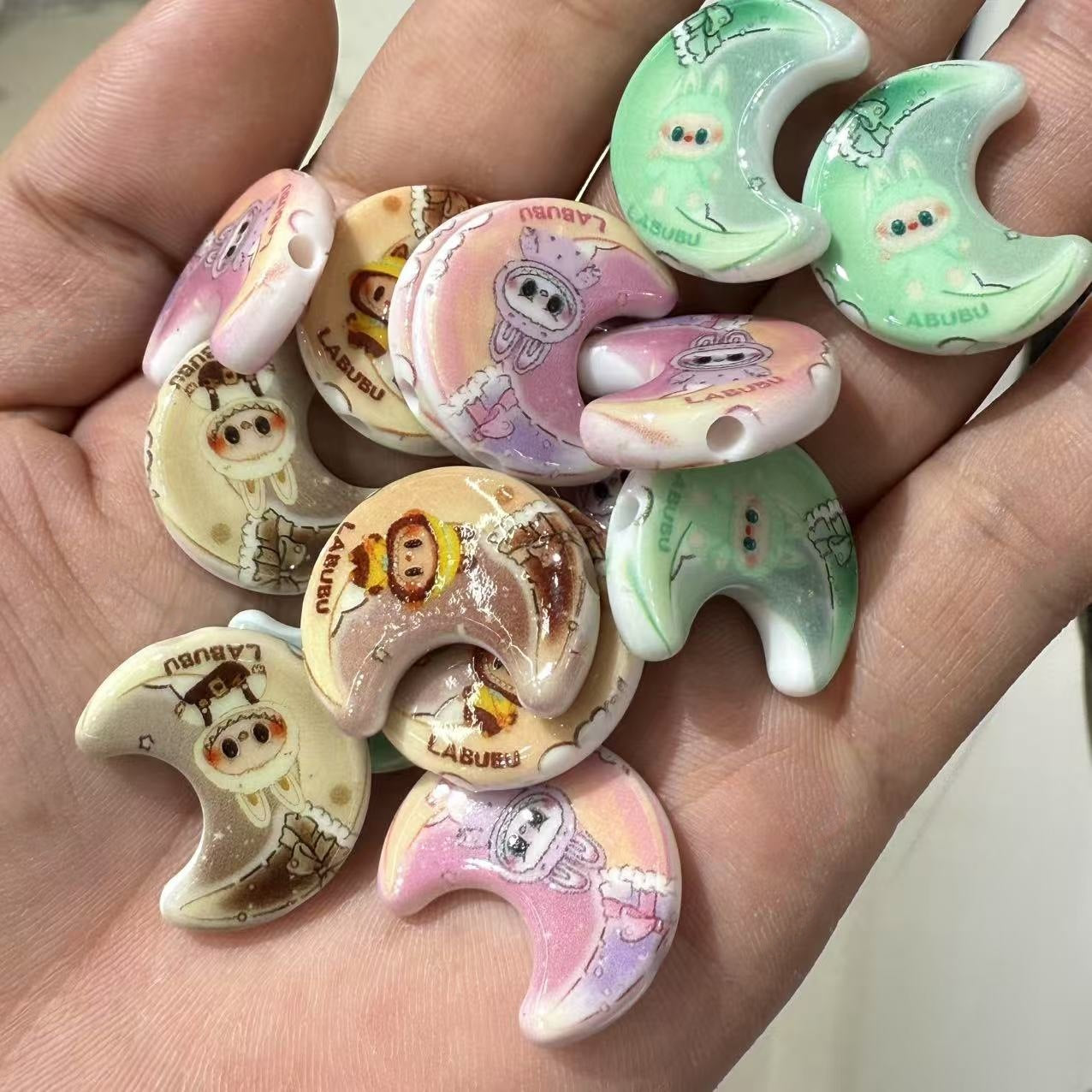 Acrylic Cartoon Beads – Double-Sided Print Moon & Rag Cloth Style, DIY Jewelry & Phone Chain Accessories