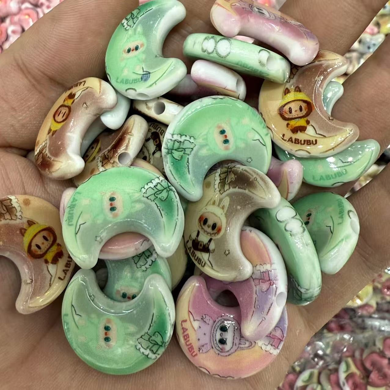 Acrylic Cartoon Beads – Double-Sided Print Moon & Rag Cloth Style, DIY Jewelry & Phone Chain Accessories