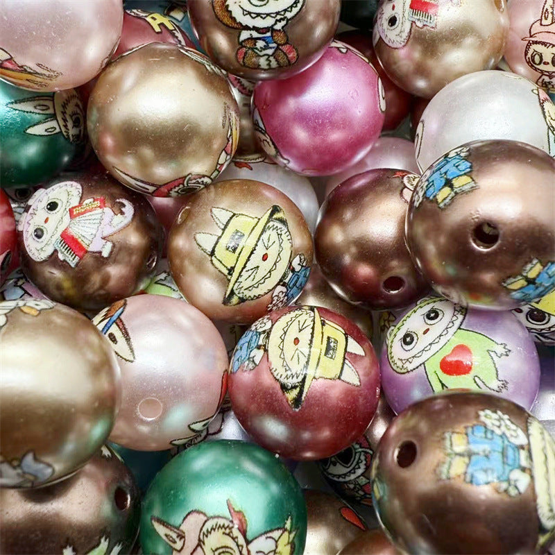 16mm Acrylic Jelly Color Printed Rag Cloth Round Beads – Straight Hole DIY Phone Rope & Keychain Accessories