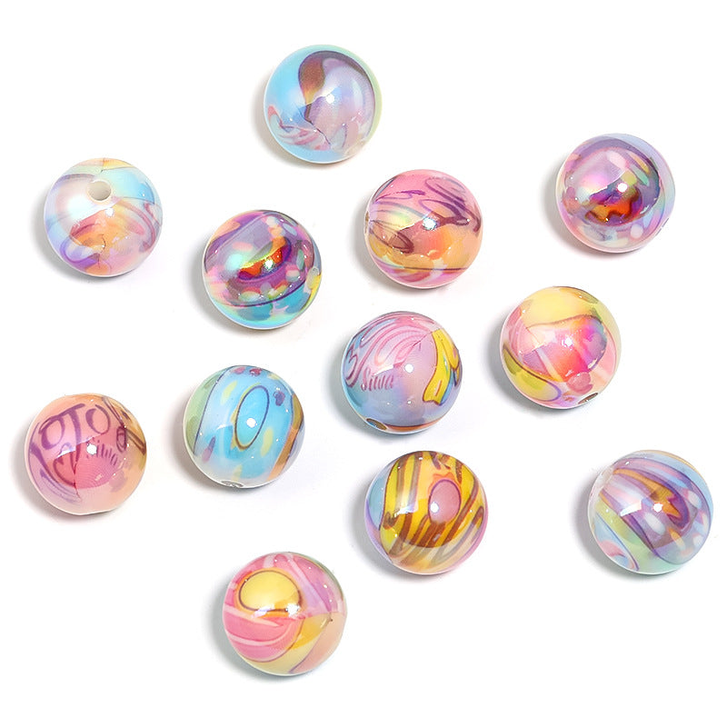 Acrylic UV plating color graffiti printing round beads children DIY bead pen mobile phone chain beads loose beads wholesale