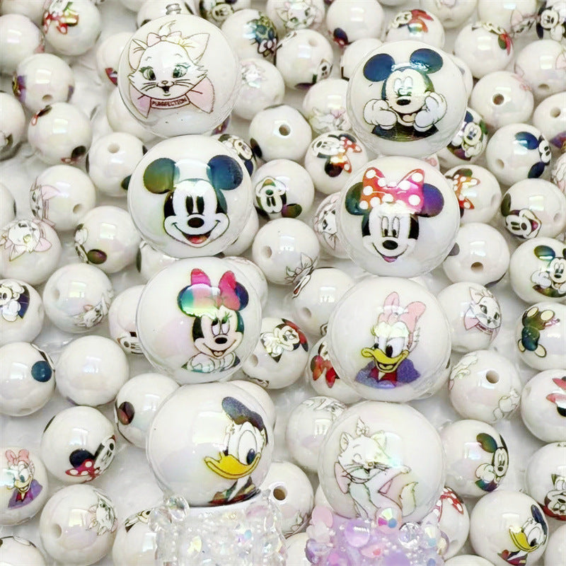 16mm Acrylic White Base Mickey Mouse Printed Round Beads – Straight Hole DIY Phone Chain & Bead Pen Accessories