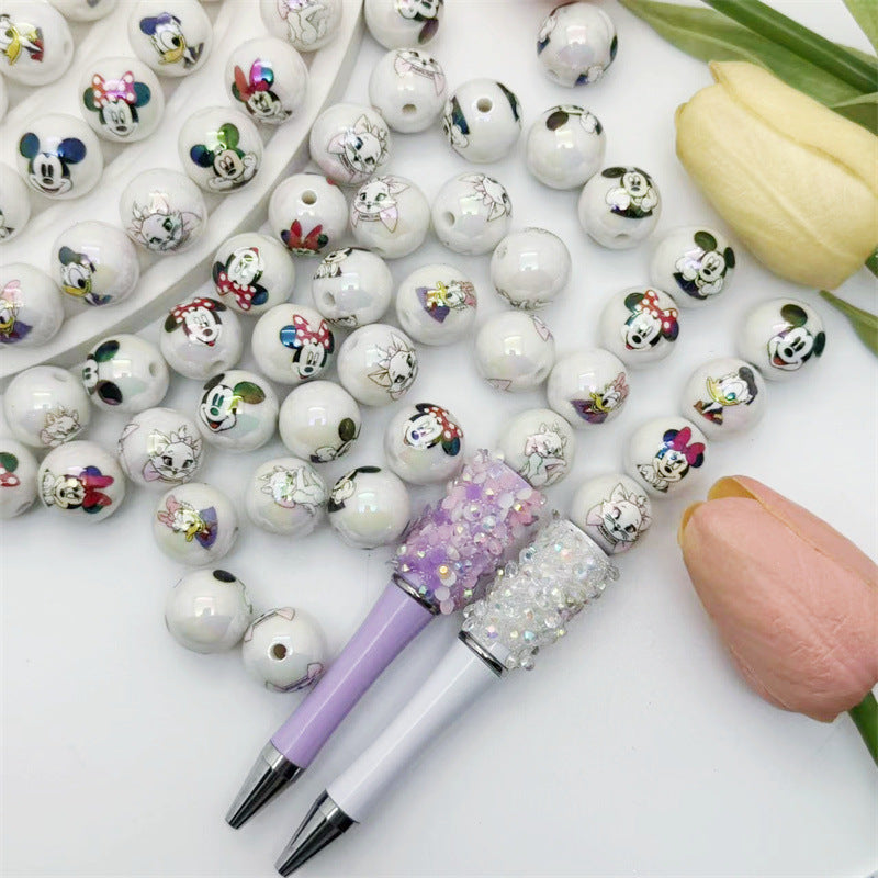 16mm Acrylic White Base Mickey Mouse Printed Round Beads – Straight Hole DIY Phone Chain & Bead Pen Accessories