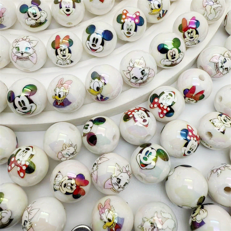 16mm Acrylic White Base Mickey Mouse Printed Round Beads – Straight Hole DIY Phone Chain & Bead Pen Accessories