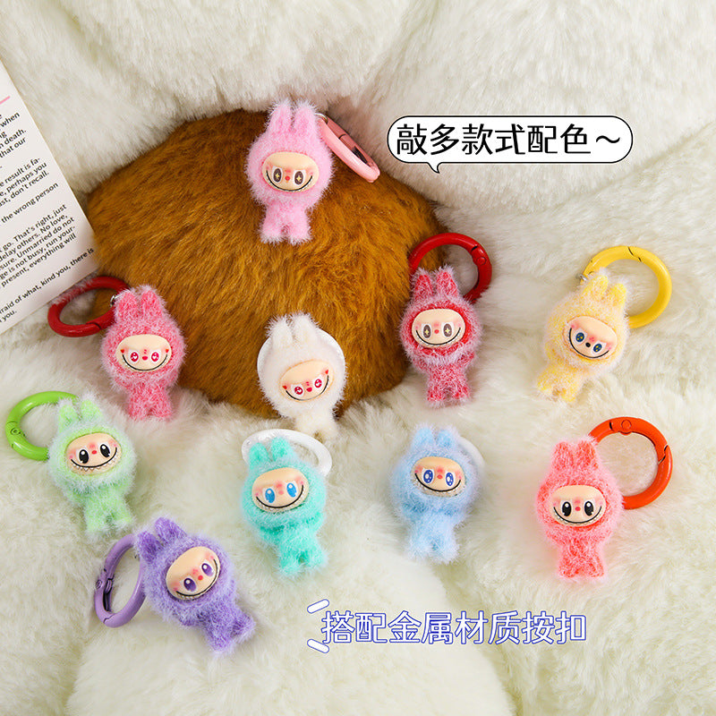 Labubu Flocking Doll Pendant Keychain DIY Decorative Ornament Jewelry Girlfriend Gift Bag Pendant