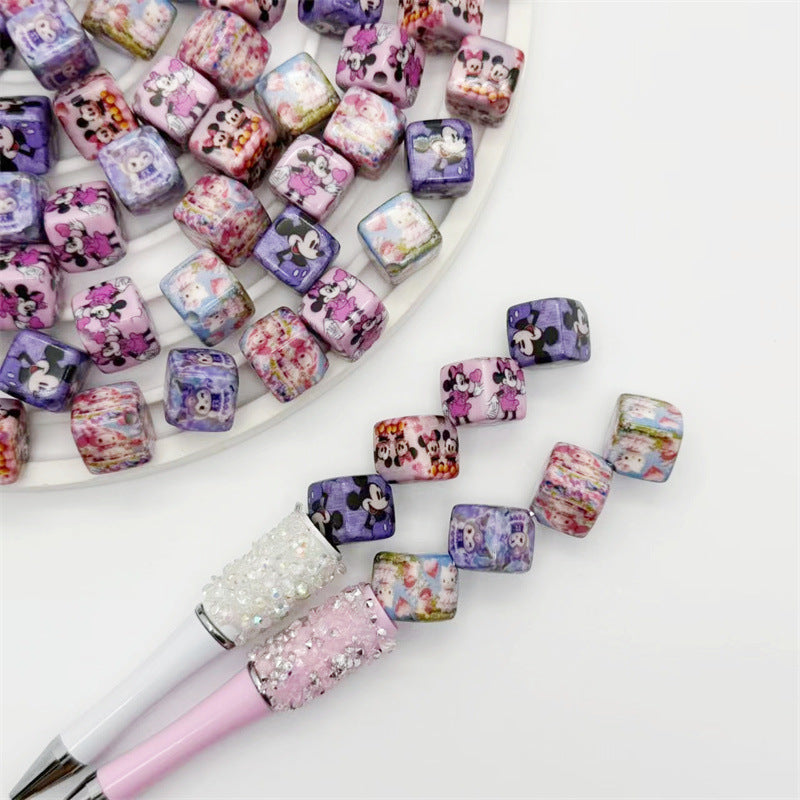 14Mm acrylic color printing cartoon Mickey Mouse KT cat square beads oblique hole DIY mobile phone rope pendant accessories