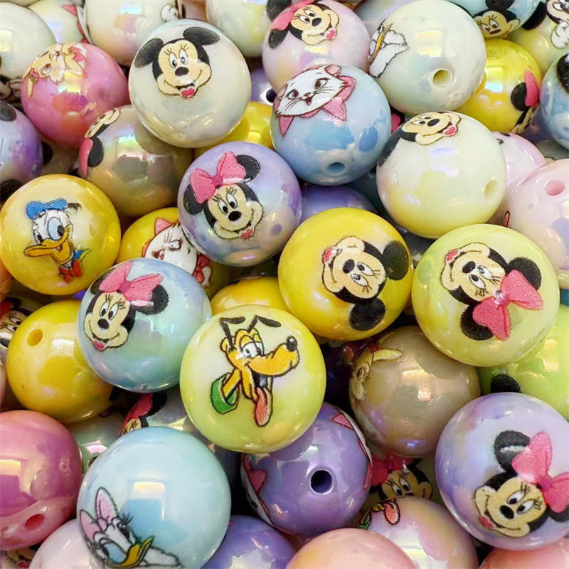 16mm Acrylic White Base Mickey Mouse Printed Round Beads – Straight Hole DIY Phone Chain & Bead Pen Accessories