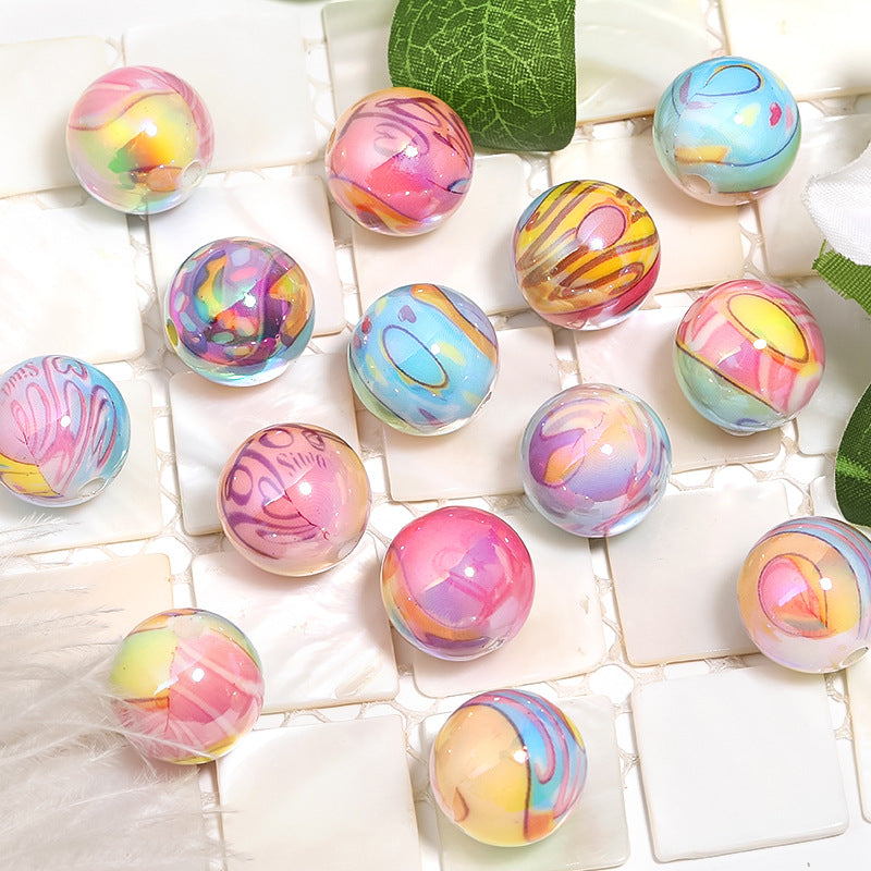 Acrylic UV plating color graffiti printing round beads children DIY bead pen mobile phone chain beads loose beads wholesale