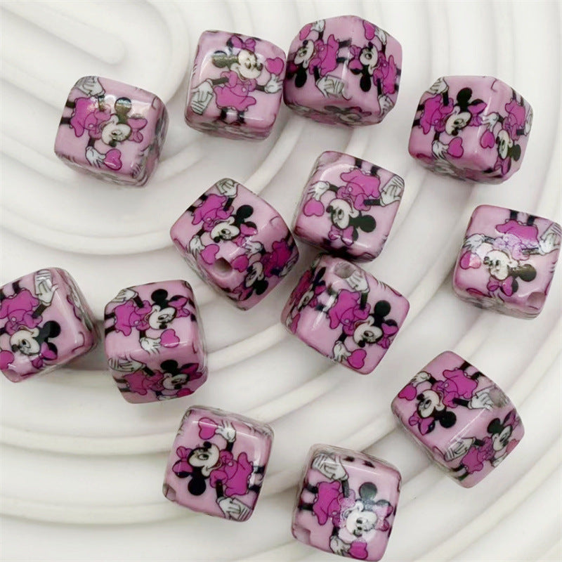14Mm acrylic color printing cartoon Mickey Mouse KT cat square beads oblique hole DIY mobile phone rope pendant accessories