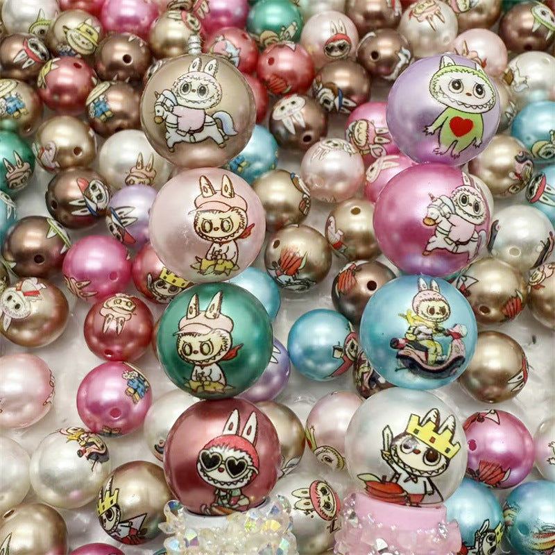 16mm Acrylic Jelly Color Printed Rag Cloth Round Beads – Straight Hole DIY Phone Rope & Keychain Accessories