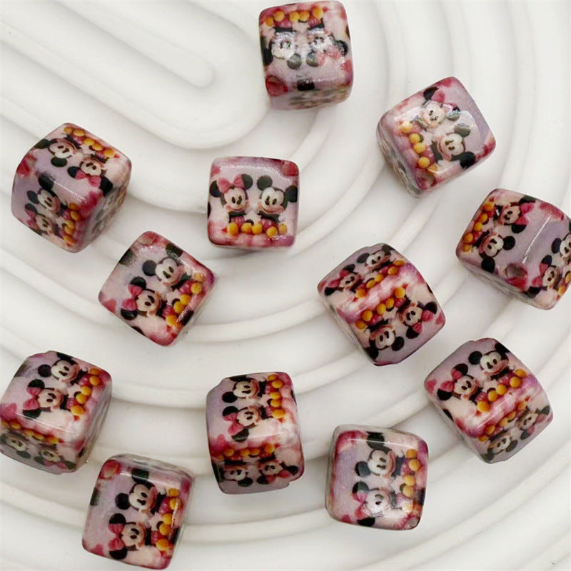 14Mm acrylic color printing cartoon Mickey Mouse KT cat square beads oblique hole DIY mobile phone rope pendant accessories