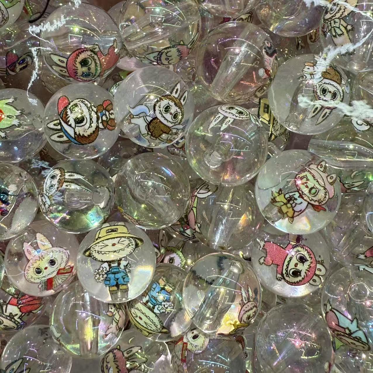 16mm Acrylic Jelly Color Printed Rag Cloth Round Beads – Straight Hole DIY Phone Rope & Keychain Accessories