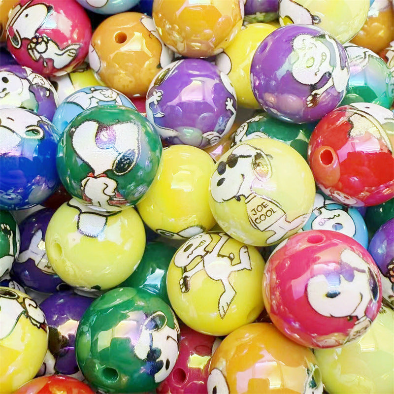 16mm Acrylic UV Plated Snoopy Printed Round Beads – Straight Hole DIY Phone Chain & Keychain Accessories