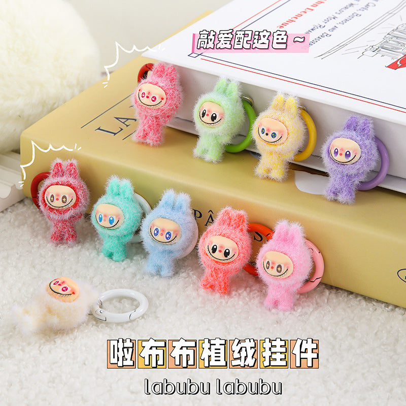 Labubu Flocking Doll Pendant Keychain DIY Decorative Ornament Jewelry Girlfriend Gift Bag Pendant