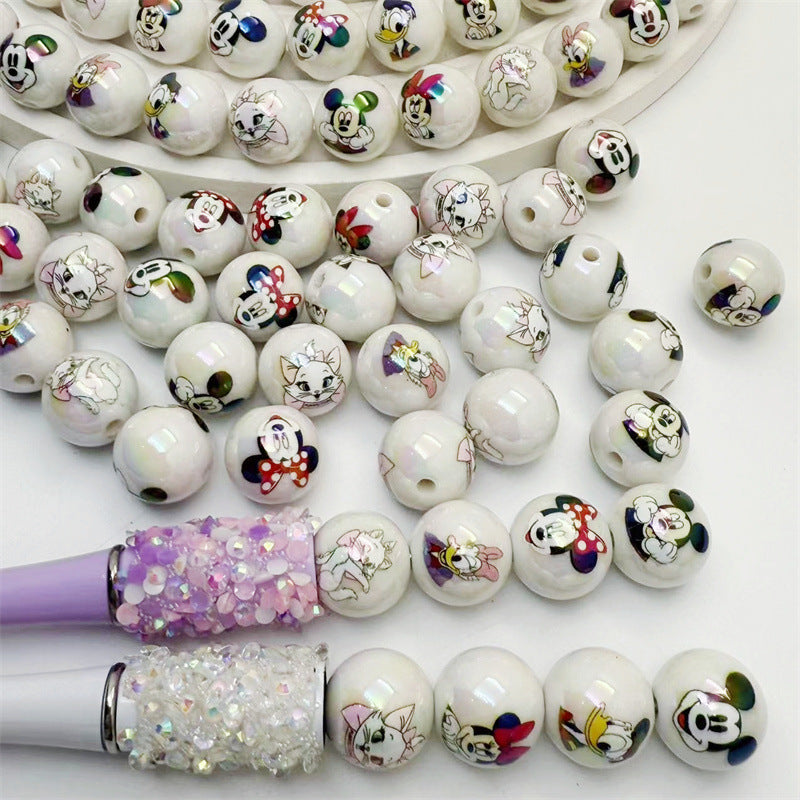 16mm Acrylic White Base Mickey Mouse Printed Round Beads – Straight Hole DIY Phone Chain & Bead Pen Accessories