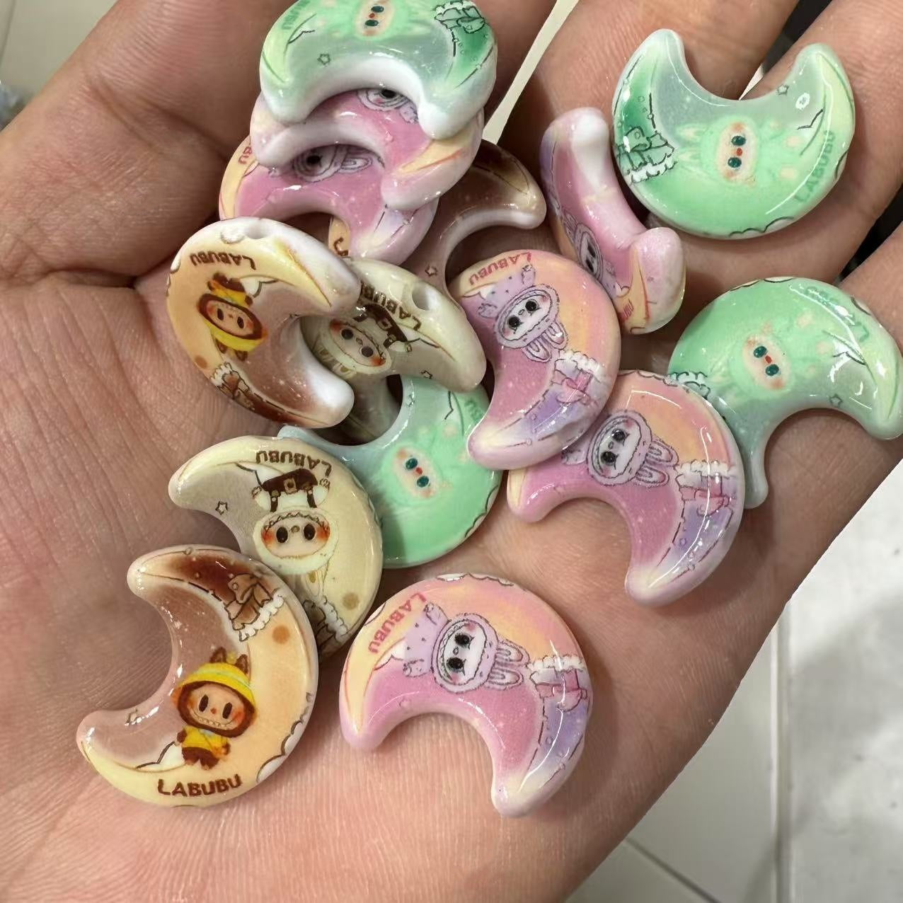 Acrylic Cartoon Beads – Double-Sided Print Moon & Rag Cloth Style, DIY Jewelry & Phone Chain Accessories
