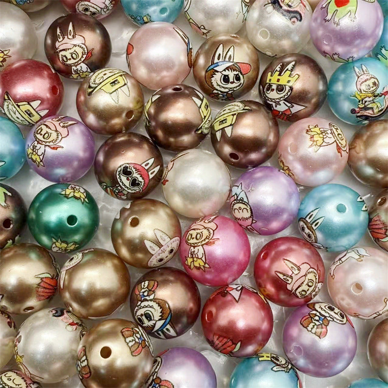 16mm Acrylic Jelly Color Printed Rag Cloth Round Beads – Straight Hole DIY Phone Rope & Keychain Accessories