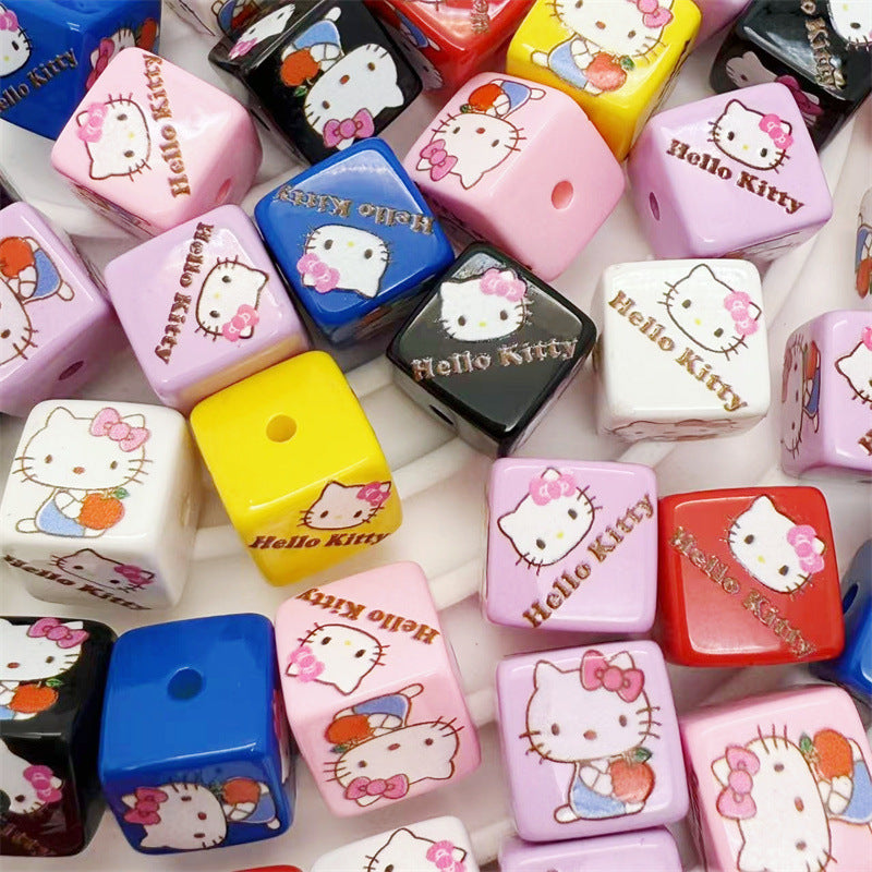 Acrylic square beads 14MM printed cartoon Hello Kitty perforated loose beads bracelet necklace handmade material jewelry accessories