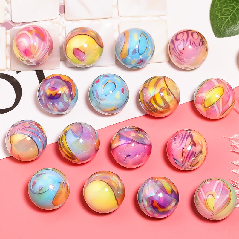 Acrylic UV plating color graffiti printing round beads children DIY bead pen mobile phone chain beads loose beads wholesale