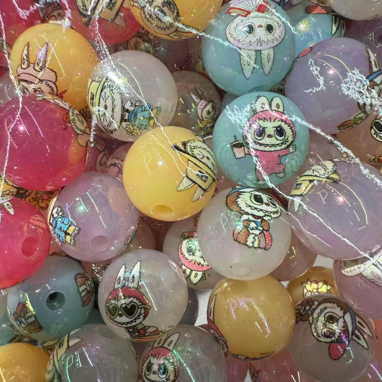 16mm Acrylic Jelly Color Printed Rag Cloth Round Beads – Straight Hole DIY Phone Rope & Keychain Accessories