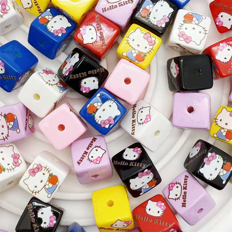 Acrylic square beads 14MM printed cartoon Hello Kitty perforated loose beads bracelet necklace handmade material jewelry accessories