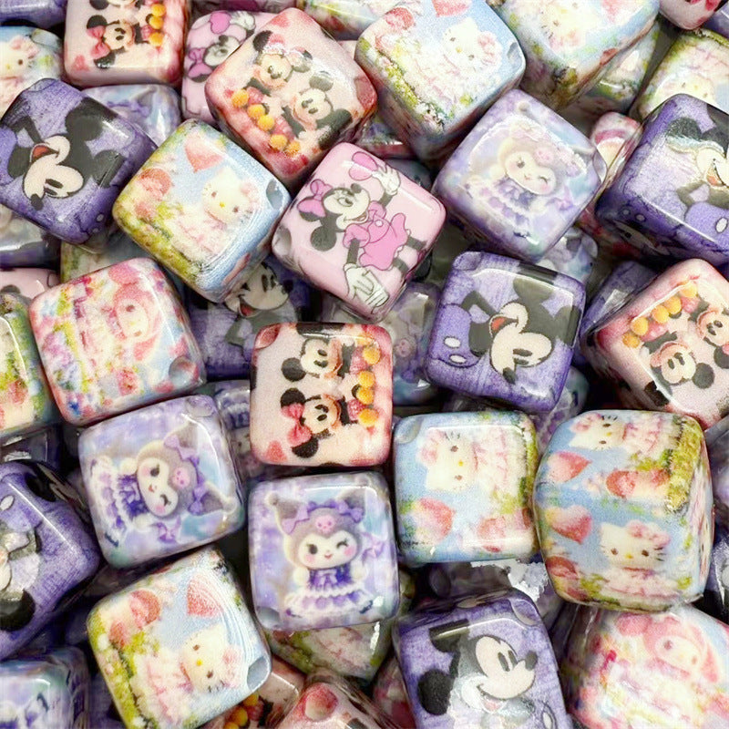14Mm acrylic color printing cartoon Mickey Mouse KT cat square beads oblique hole DIY mobile phone rope pendant accessories