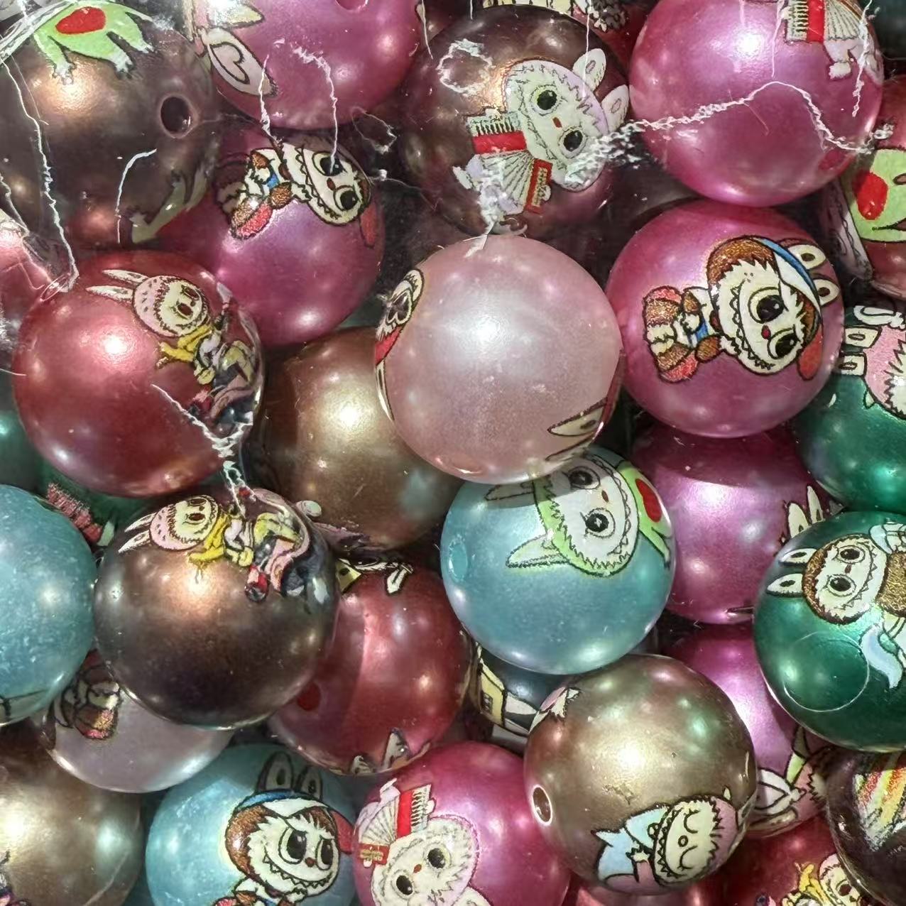 16mm Acrylic Jelly Color Printed Rag Cloth Round Beads – Straight Hole DIY Phone Rope & Keychain Accessories