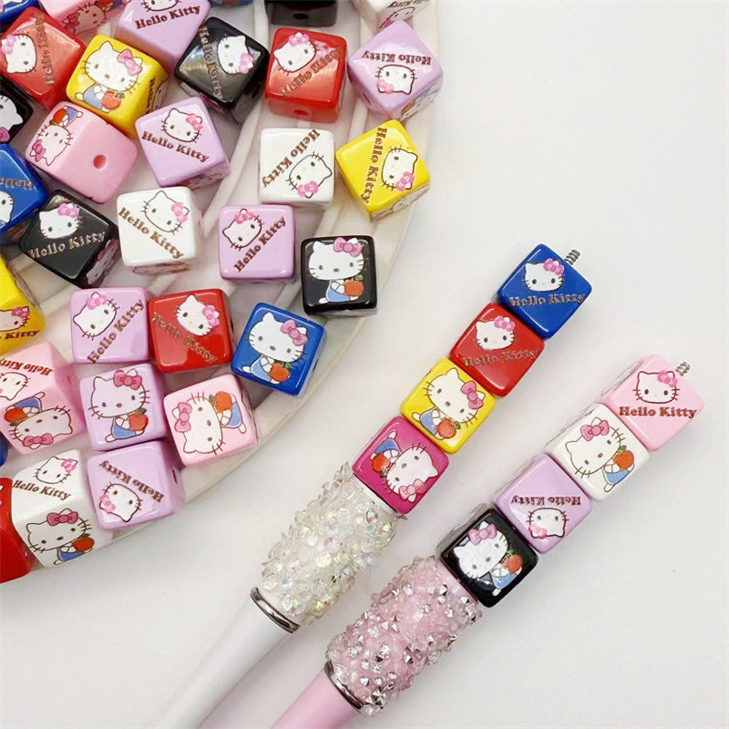 Acrylic square beads 14MM printed cartoon Hello Kitty perforated loose beads bracelet necklace handmade material jewelry accessories