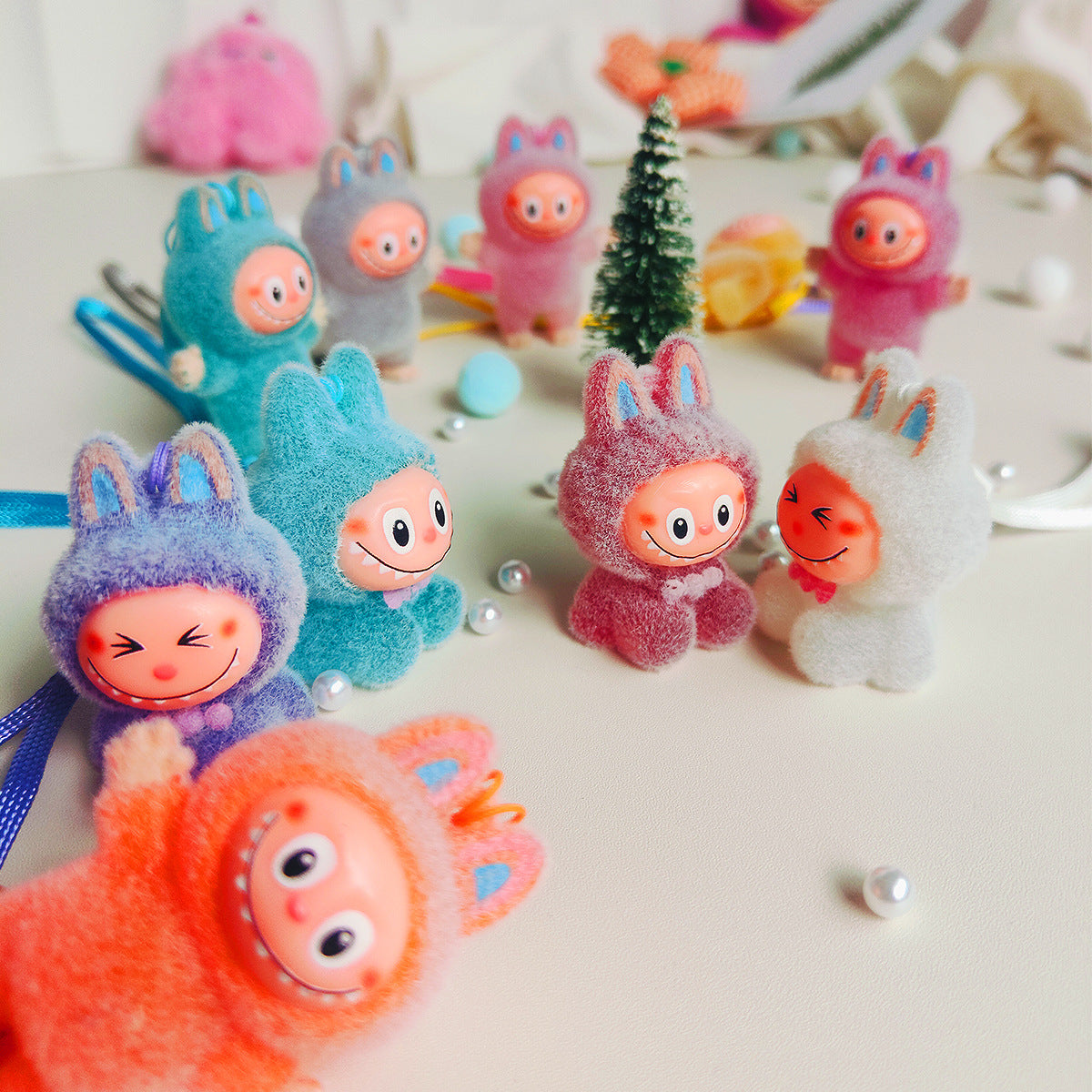 Labubu 10cm Flocked Plastic Doll Couple Bag Pendant