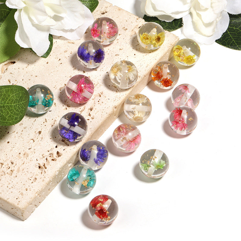 Natural Dried Flower Resin Round Beads – Transparent Gold Foil Beads for DIY Bead Pens, Phone Chains & Keychains