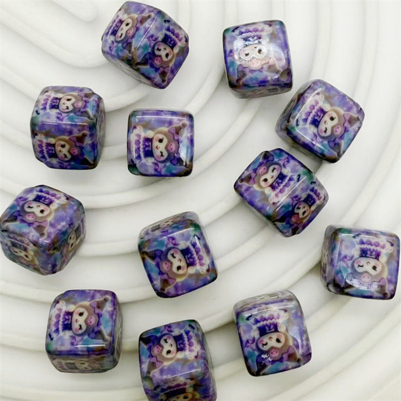 14Mm acrylic color printing cartoon Mickey Mouse KT cat square beads oblique hole DIY mobile phone rope pendant accessories
