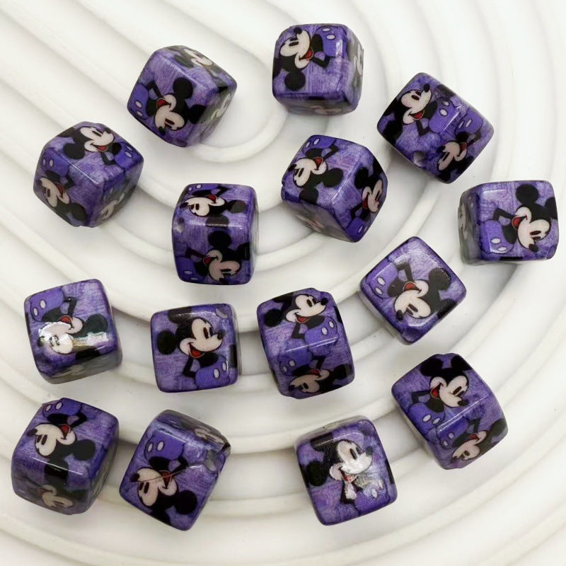 14Mm acrylic color printing cartoon Mickey Mouse KT cat square beads oblique hole DIY mobile phone rope pendant accessories