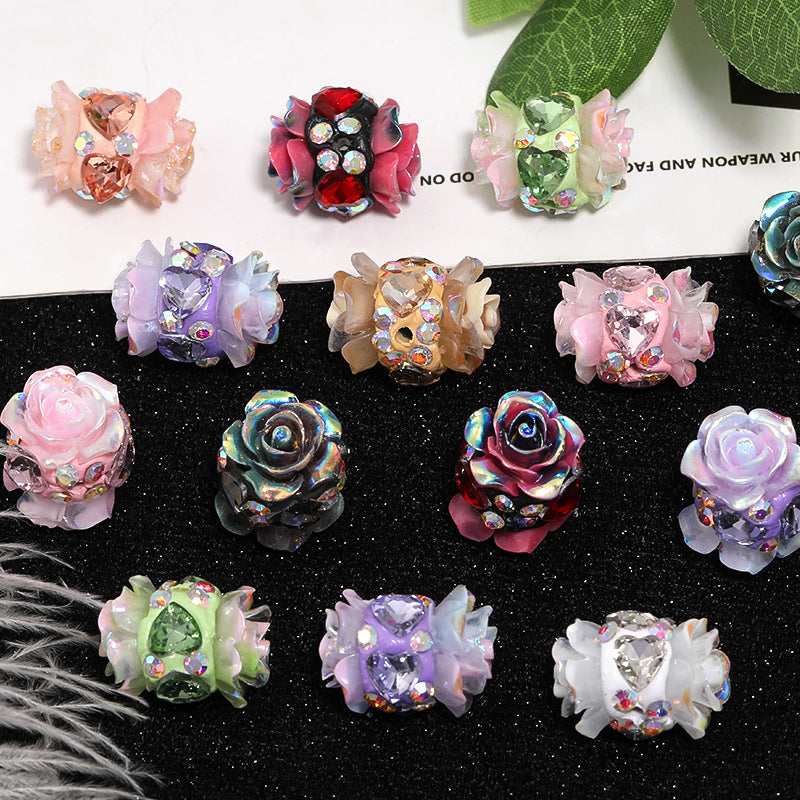 Double-Sided Resin Camellia Clay Beads with Love Rhinestones – Rose Diamond Ball Heavy-Duty DIY Bead Pen & Phone Chain Beads