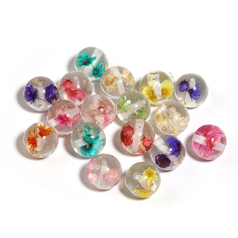 Natural Dried Flower Resin Round Beads – Transparent Gold Foil Beads for DIY Bead Pens, Phone Chains & Keychains