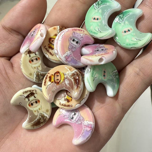 Acrylic Cartoon Beads – Double-Sided Print Moon & Rag Cloth Style, DIY Jewelry & Phone Chain Accessories
