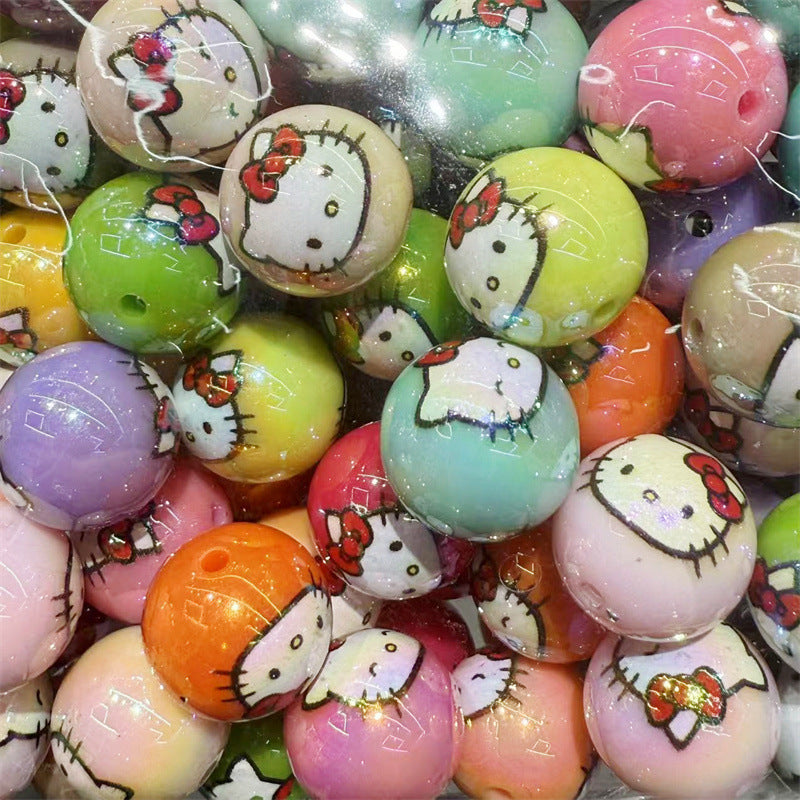 Transparent Acrylic Hello KT Cat Printed Round Beads – Straight Hole DIY Jewelry & Phone Chain Accessories