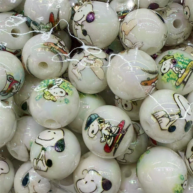 16mm Acrylic UV Plated Snoopy Printed Round Beads – Straight Hole DIY Phone Chain & Keychain Accessories
