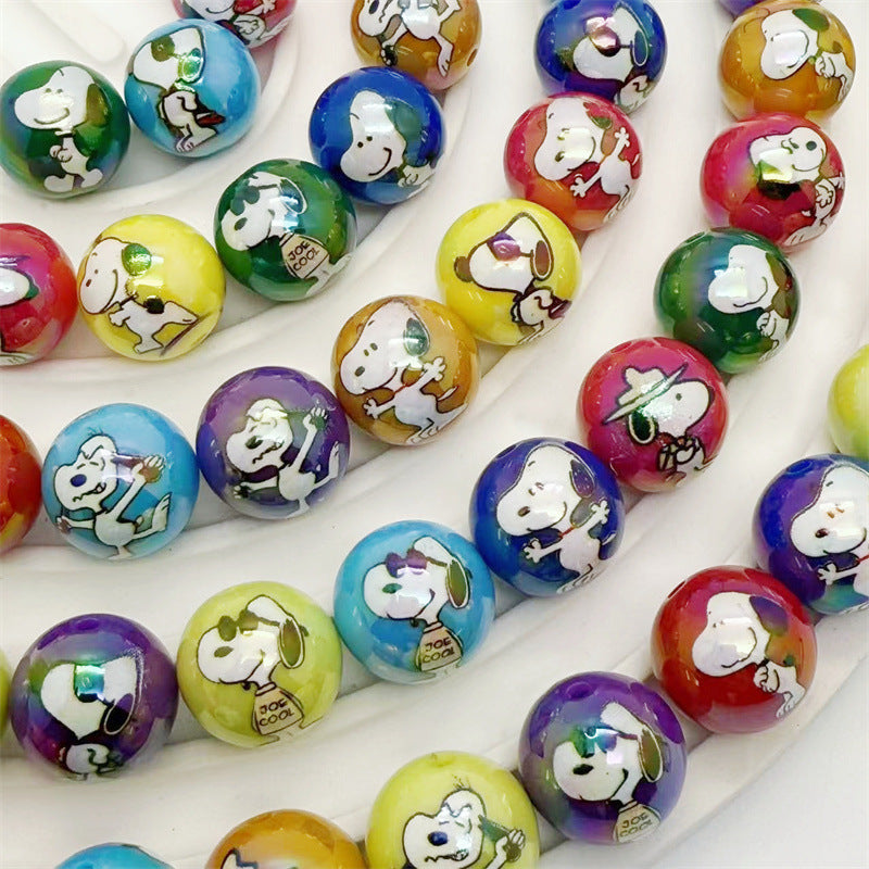16mm Acrylic UV Plated Snoopy Printed Round Beads – Straight Hole DIY Phone Chain & Keychain Accessories