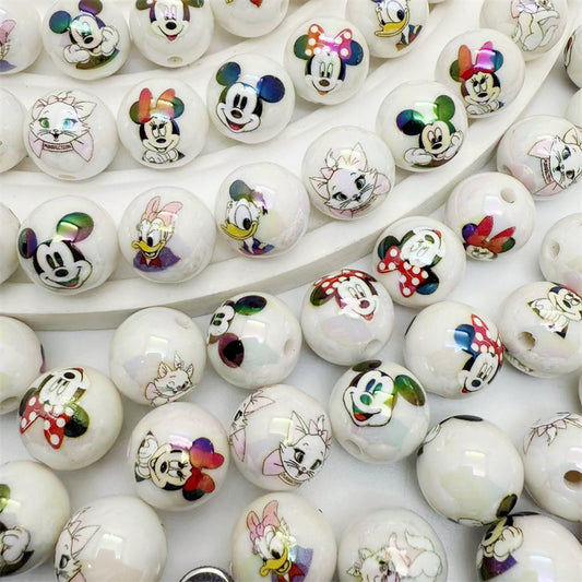16mm Acrylic White Base Mickey Mouse Printed Round Beads – Straight Hole DIY Phone Chain & Bead Pen Accessories