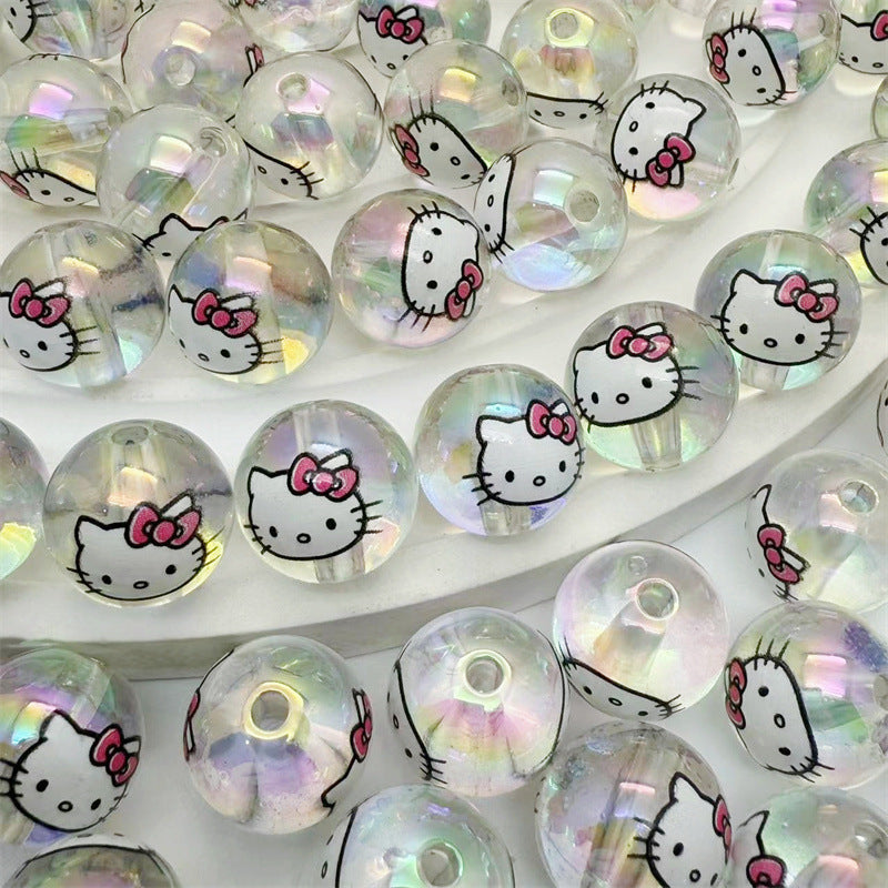 Transparent Acrylic Hello KT Cat Printed Round Beads – Straight Hole DIY Jewelry & Phone Chain Accessories