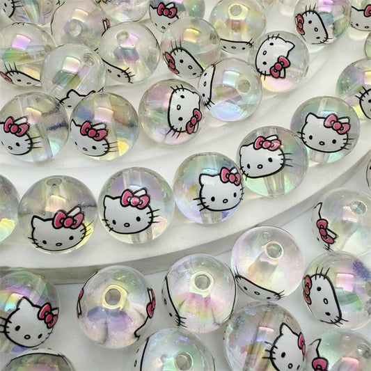 Transparent Acrylic Hello KT Cat Printed Round Beads – Straight Hole DIY Jewelry & Phone Chain Accessories