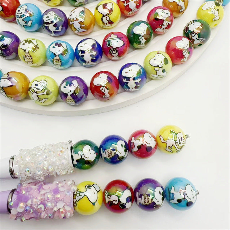16mm Acrylic UV Plated Snoopy Printed Round Beads – Straight Hole DIY Phone Chain & Keychain Accessories